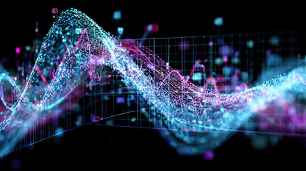 prototype. Virtual reality concept with abstract data patterns and glowing symbols. product launch decks, UI/UX mockups, designed for data visualization dashboards and holographic UIs.
