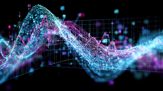 prototype. Virtual reality concept with abstract data patterns and glowing symbols. product launch decks, UI/UX mockups, designed for data visualization dashboards and holographic UIs.
