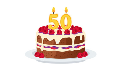 Chocolate Layer Cake With Cream Cheese Frosting And Raspberries Decorated With Number 50 Candles For A 50th Birthday Celebration On A White Plate Against A Black Background