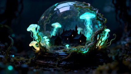 A miniature Christmas village inside a snow globe orbiting in outer space