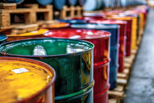 Colorful metal barrels arranged in rows inside an industrial warehouse with wooden pallets supporting the containers in a well-organized storage setting