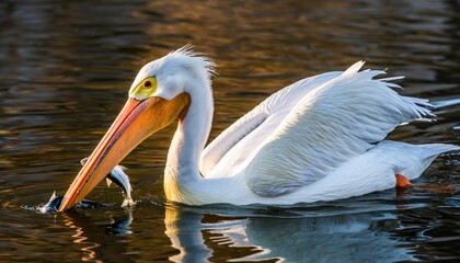 White Pelican Catches Fish in Water.