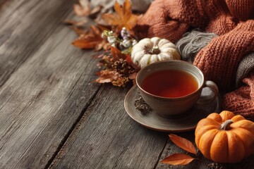 Cozy autumn tea arrangement featuring warm hues, seasonal decor, and wooden table background. MZ 