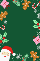 Festive vertical vector frame on deep green background features cheerful gingerbread men, smiling Santa Claus, pink gift boxes, candy canes framing central empty space. Ideal for holiday cards.