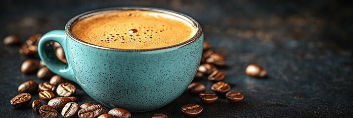 Espresso in teal cup next to coffee beans on table Generative AI