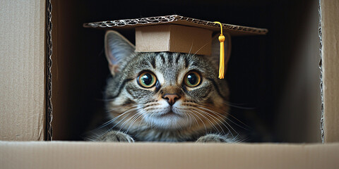 Cat wears graduation cap in cardboard box for fun Generative AI