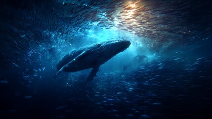 Underwater whales have light rays.