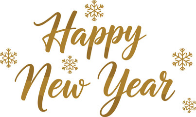 Elegant gold script typography of happy new year greeting text with decorative snowflakes for winter holiday celebration design. © Mahofuza Creative