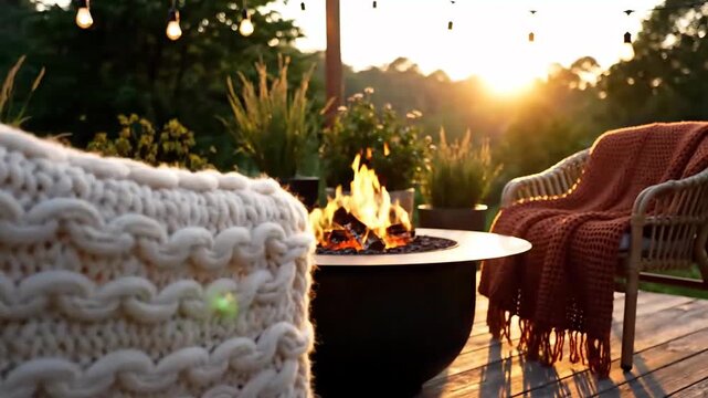 Relaxing Outdoor Evening: Fireplace, Blankets, and Sunset Glow for Cozy Ambiance