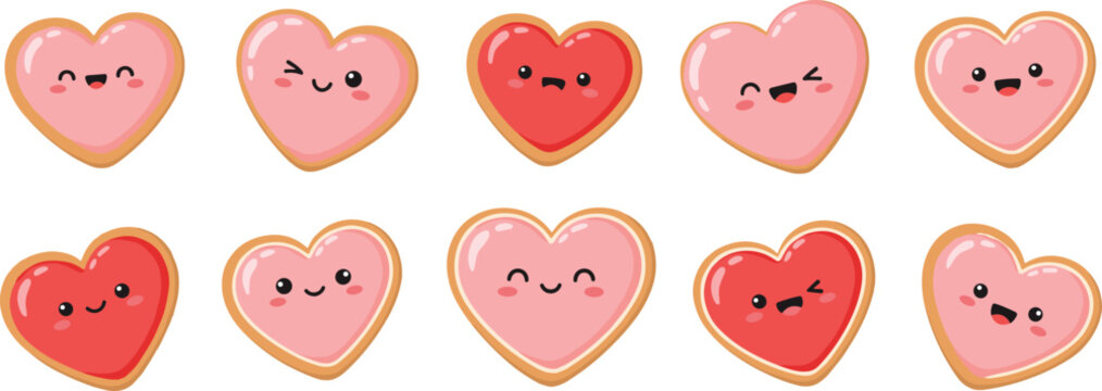 Cute pink and red cartoon kawaii heart shaped cookies character set with different facial expressions for valentine's day.