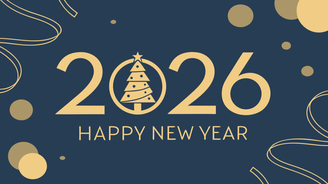 Festive New Year greeting card featuring bold gold "2026" text on dark blue background, with a stylized Christmas tree inside the zero. Decorative swirls and circles enhance the celebratory theme. - Powered by Adobe