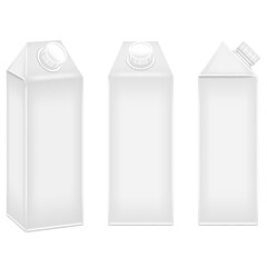 Blank white carton containers realistic packaging set mockup 3d vector with plastic screw cap for milk, juice, or other liquid beverage and food products box, from various angles.