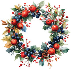 Vector illustration of a festive Christmas holly wreath with red berries and green leaves featuring winter holiday ornaments and tree branches for a New Year celebration card border design