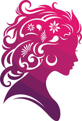 Beautiful decorative woman's side profile silhouette with elaborate swirling floral hairstyle, featuring a modern, vibrant pink and purple gradient vector illustration.