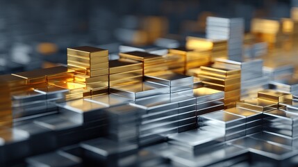 Abstract financial chart, layered metallic plates forming graph, 3D illustration. 