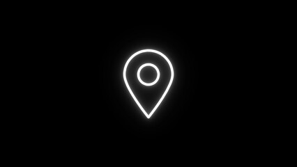 Simple white neon map pin icon glowing brightly against a stark black background representing location and navigation concepts