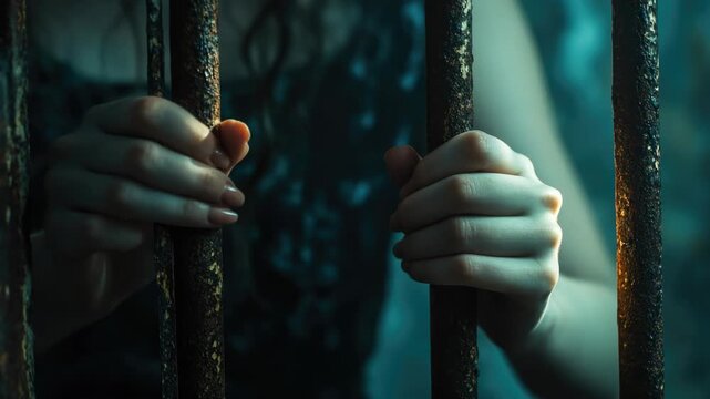 A woman's hands are held behind bars, suggesting a feeling of confinement or detainment.