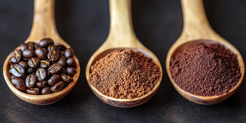 Three wooden spoons show coffee beans and ground coffee Generative AI
