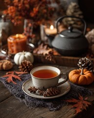 Cozy autumn tea arrangement featuring warm hues, seasonal decor, and wooden table background. MZ 