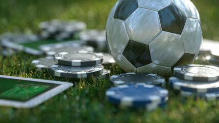 Small soccer ball placed among poker chips on fresh green grass with blurred background and a digital device resting nearby on the field for an outdoor game setup