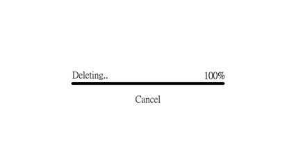 Deleting process completion: progress bar at 100% with 'cancel' option on white background.