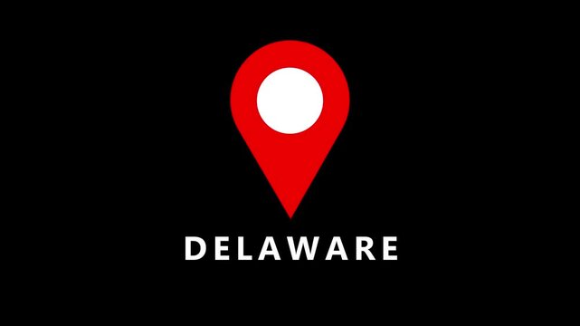 Red location pin icon with the word DELAWARE on a black background Delaware map marker