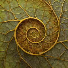 Obraz premium Fibonacci Spiral Overlay on a Detailed Green Leaf Vein Pattern image photo