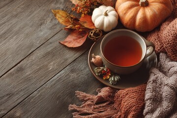 Cozy autumn tea arrangement featuring warm hues, seasonal decor, and wooden table background. MZ 