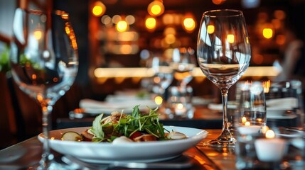 A beautifully set restaurant table with a fresh salad and wine glasses creates an inviting atmosphere, enhanced by soft light and an elegant dining experience