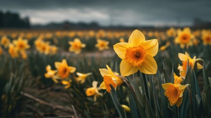 A field filled with bright yellow daffodils stretches into the distance. The flowers bloom under a cloudy sky during early spring in a rural area.