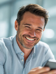 Fototapeta premium Happy mature man with beard and blue shirt smiling warmly while holding a smartphone in a bright modern office environment with soft natural lighting