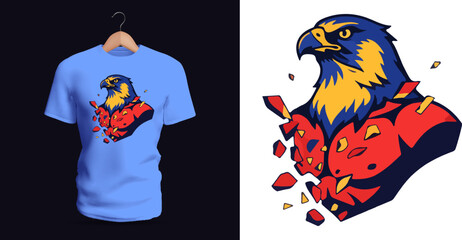 Highly dynamic t-shirt vector illustration of a powerful eagle bursting through a shattered surface, featuring sharp angular fragments flying outward, bold red and yellow feather tones, intense