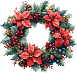 Vector illustration of a festive Christmas wreath featuring green pine branches, holly berries, a red ribbon bow, and poinsettia flowers for a winter holiday celebration card or seasonal decoration