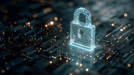 Futuristic cybersecurity concept featuring a glowing cyber padlock surrounded by binary code and digital circuit elements. Big data visualization on a dark technology background