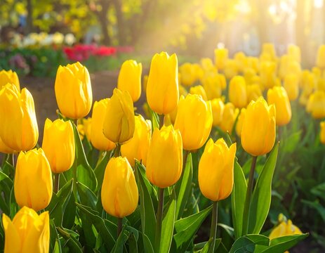 Close-up of vibrant yellow tulips basking in the warm morning sun - Powered by Adobe