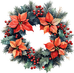 A festive Christmas wreath illustration features red poinsettia flowers and green holly berries with seasonal leaves and floral branches for a winter holiday celebration pattern