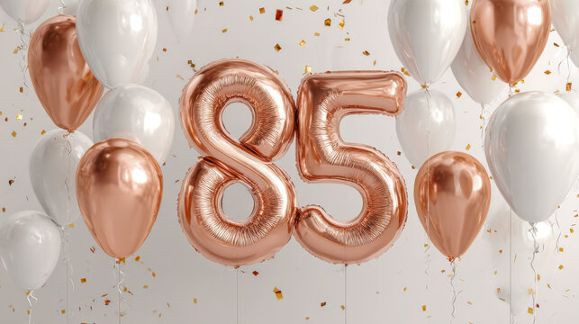 Elegant celebration with rose gold balloons and confetti for an 85th birthday party