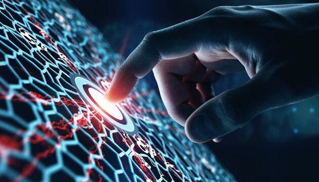 A hacker finger touching digital network surface with glowing target element showing data breach risk, cyber attack code pattern and online security protection in dark cyberspace environment. - Powered by Adobe