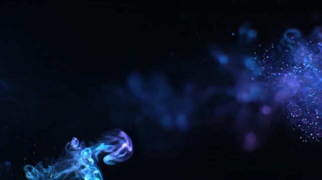 Gentle wisps of glowing blue and purple light particles drift and dissolve slowly across a seamless dark background phantom, transition, ambient