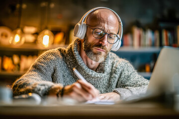Focused man wearing glasses and headphones writing notes with a pencil at a desk in a cozy, softly lit room filled with shelves of books and warm ambient light