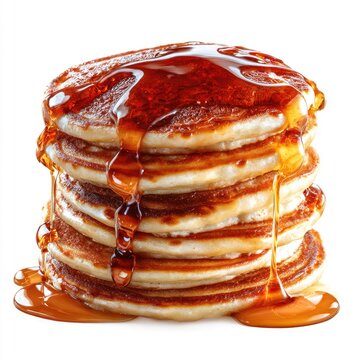 Stack of many pancakes dripped with brown syrup on a white background, angled view, tempting and delicious breakfast