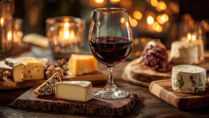 Fototapeta premium Wine and cheese arrangement on rustic wooden surfaces with soft, ambient lighting creating a warm, inviting atmosphere