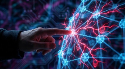 Anonymous hacker hand touching digital network interface with red skull virus icons executing cyber attack and dangerous malware infection risk in dark data security technology breach.