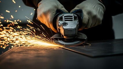 Metal Grinding Sparks Flying, Industrial Worker Using Angle Grinder, Safety Gloves.