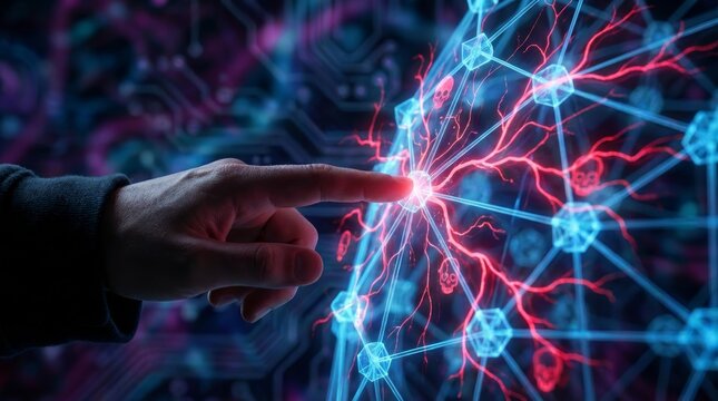 Anonymous hacker hand touching digital network interface with red skull virus icons executing cyber attack and dangerous malware infection risk in dark data security technology breach.