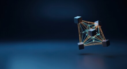 Abstract data communication network, geometric structure with glowing lines connecting cubes on dark background. Visualizing modern data communication flow, secure information exchange across systems.