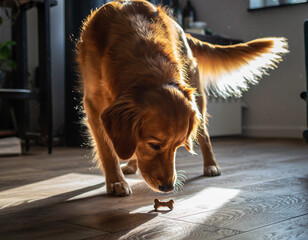 Golden dog contemplates a treat on a sunny floor. A symbol of pet care, patience, and simple joys. Ideal for petrelated advertising and heartwarming stories.