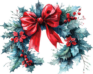 A festive Christmas wreath featuring red poinsettia flowers and a vibrant ribbon bow is decorated with green holly leaves and seasonal ornaments for a holiday celebration isolated on white
