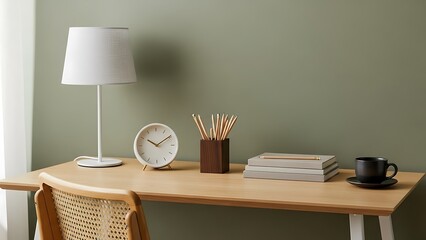 Minimalist desk setup with lamp, clock, and coffee cup.