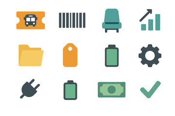 Plug cash gear ticket barcode chart bus icon folder checkmark transport vector